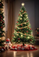 Christmas tree in festive background with ornaments and lights,  holiday season,  snowflakes,  garlands