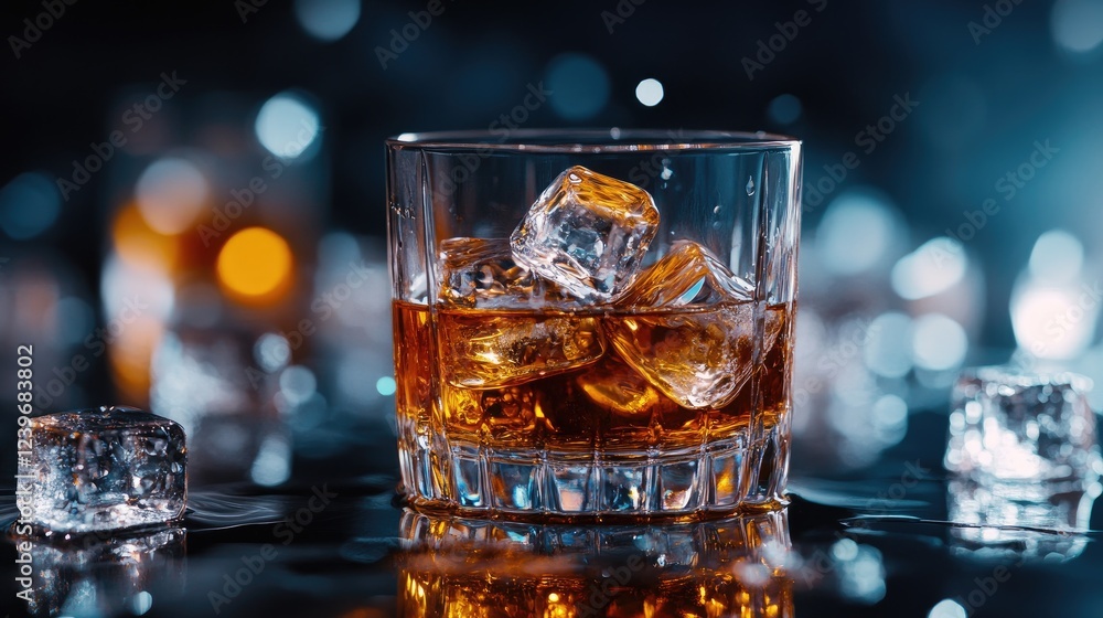 Poster slow-melting ice cubes on a dark reflective surface, with water and whiskey creating fluid patterns,