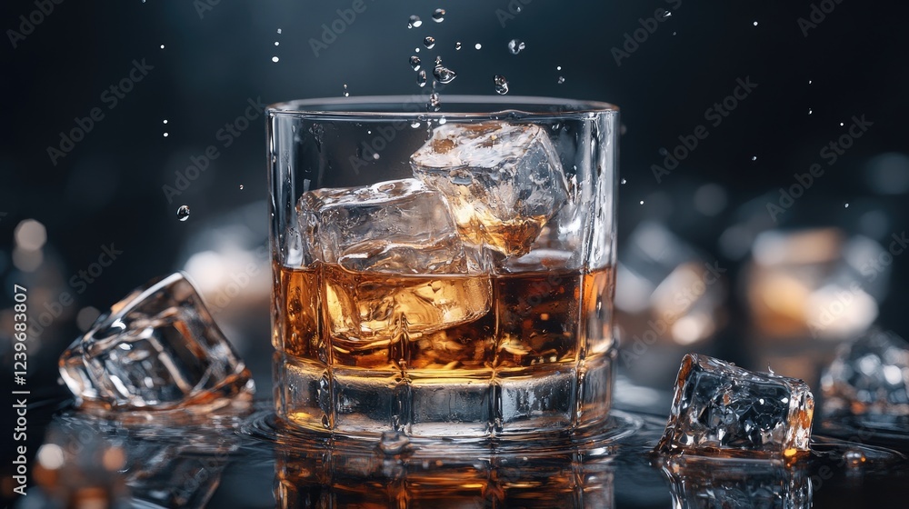 Poster slow-melting ice cubes on a dark reflective surface, with water and whiskey creating fluid patterns,