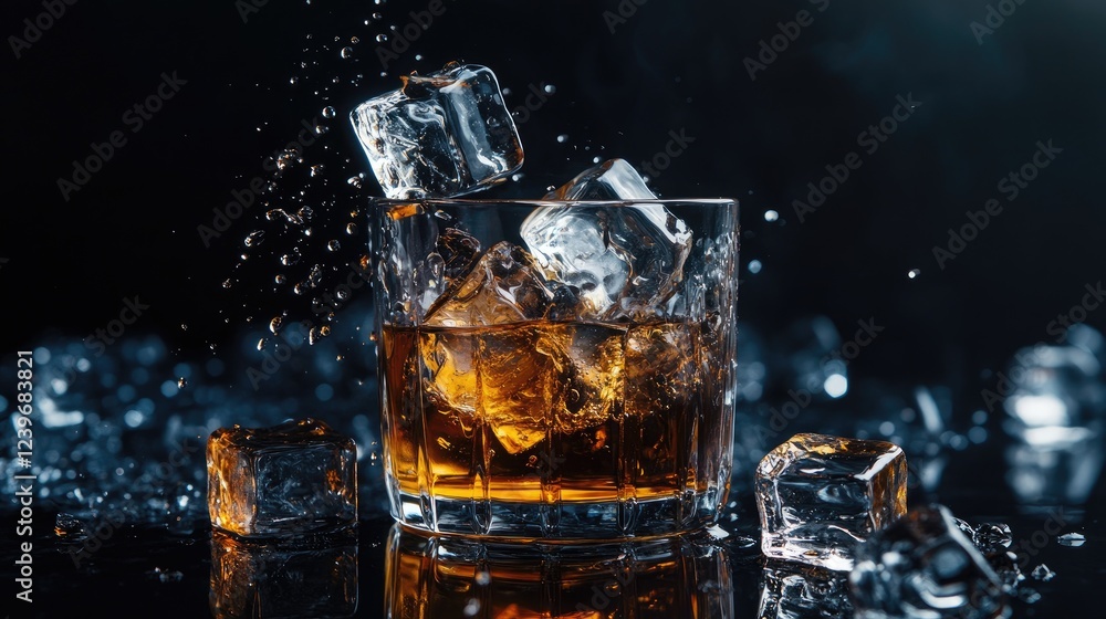 Poster slow-melting ice cubes on a dark reflective surface, with water and whiskey creating fluid patterns,