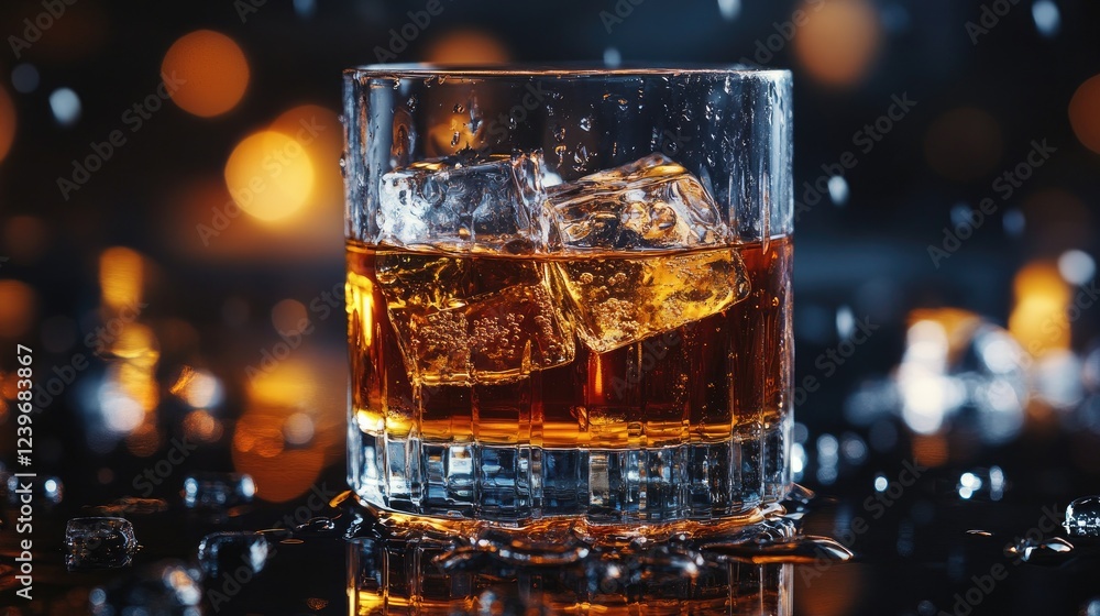 Poster slow-melting ice cubes on a dark reflective surface, with water and whiskey creating fluid patterns,