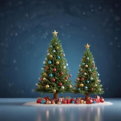 Obraz premium Christmas tree with ornaments and lights on blue background, holiday, holly, present
