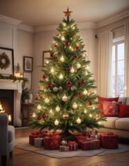 Christmas Tree with Ornaments and Snowflakes in a Cozy Living Room,  festive decor,  holiday cheer,  ornaments