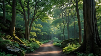 Naklejka premium Beautiful Forest Trail Surrounded by Green Trees and Ferns, Leading to a Tranquil Pathway in a Peaceful Outdoor Environment 