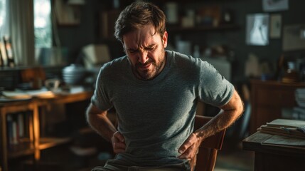 Fototapeta premium Man Grimacing in Discomfort While Holding His Lower Back in an Indoor Setting
