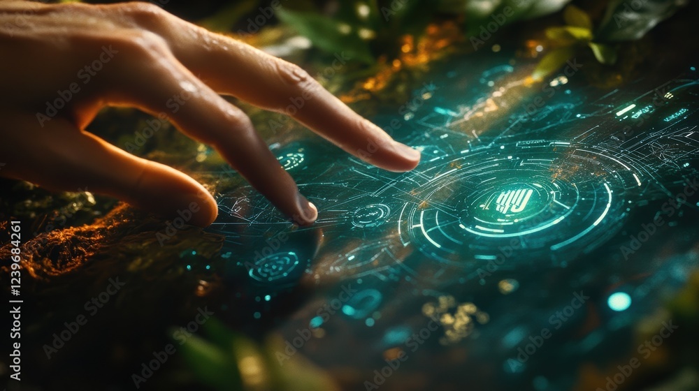 Poster a medium closeup capturing a digital interface on a biodegradable device with a finger gently swipin
