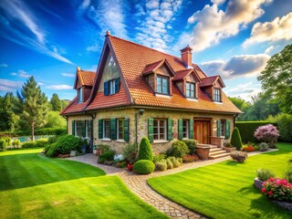 Dream House on a Sunny Day: A charming stone house with a red tile roof, surrounded by a meticulously landscaped lawn and vibrant flowerbeds, under a bright blue sky.&nbsp;