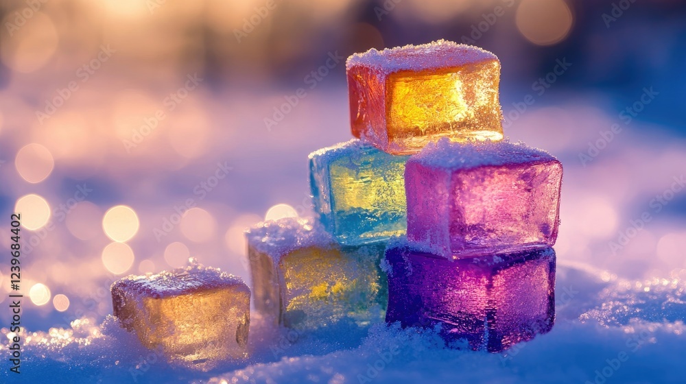 Poster Stacked multicolored ice blocks on a snowy surface, with sunlight casting subtle reflections, set against a soft blurred background for a serene winter scene.