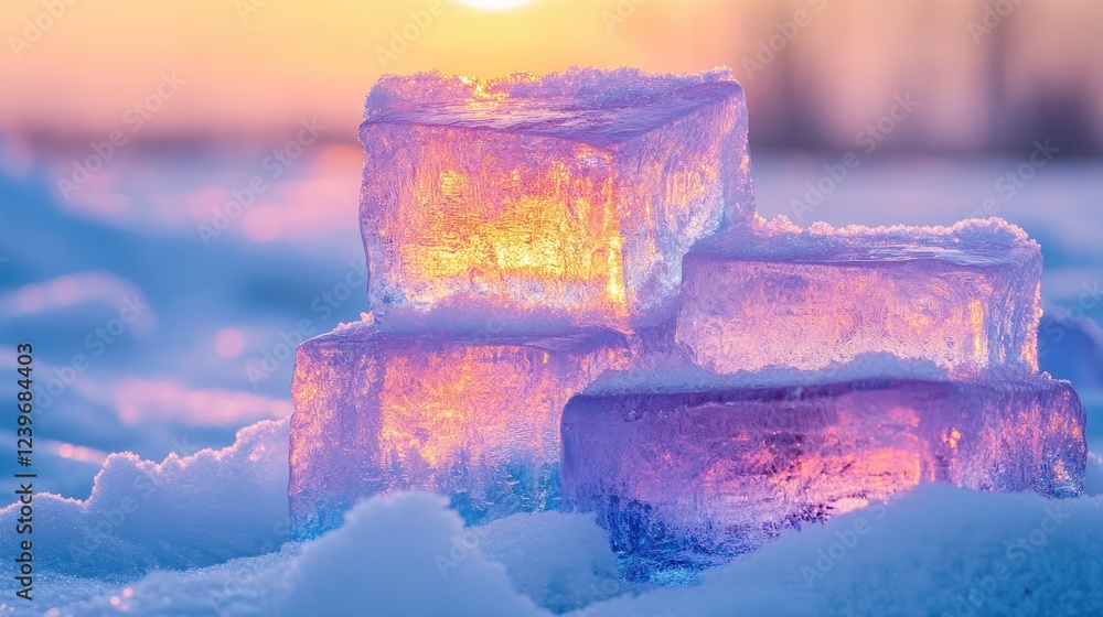 Poster stacked ice blocks in shades of vibrant blue and pink on fresh snow, illuminated by a gentle golden 