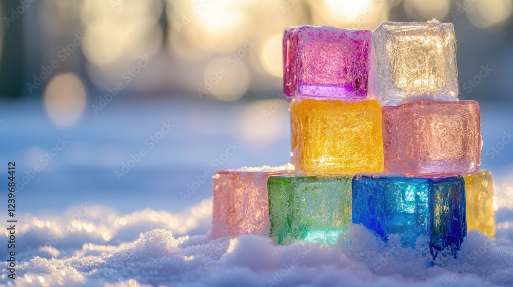 Poster Stacked multicolored ice blocks on a snowy surface, with sunlight casting subtle reflections, set against a soft blurred background for a serene winter scene.