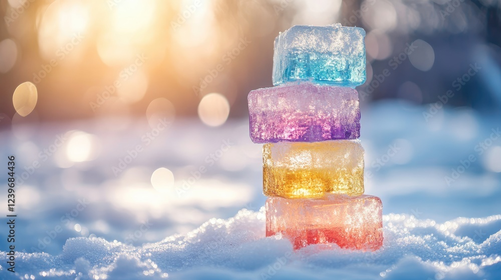 Poster Stacked multicolored ice blocks on a snowy surface, with sunlight casting subtle reflections, set against a soft blurred background for a serene winter scene.