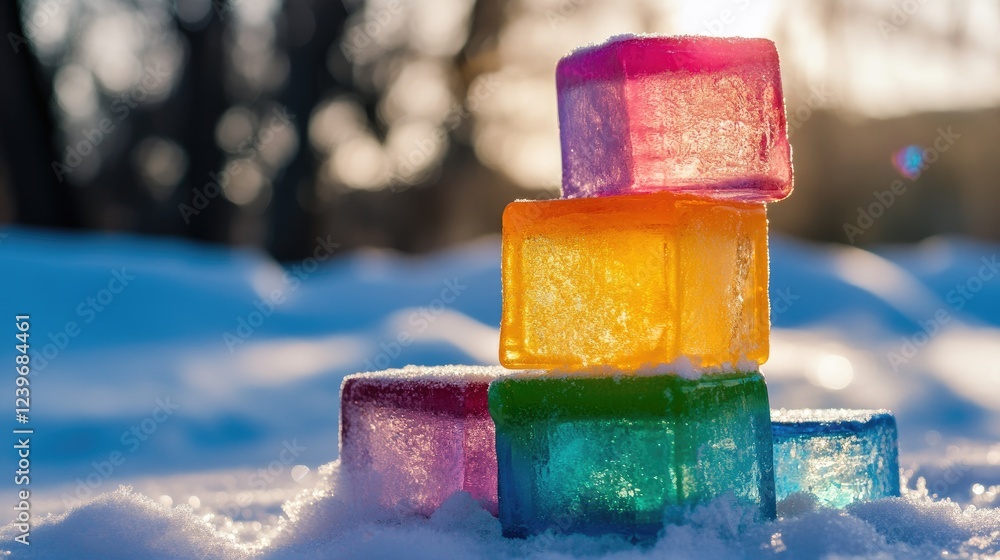 Aufkleber Stacked multicolored ice blocks on a snowy surface, with sunlight casting subtle reflections, set against a soft blurred background for a serene winter scene.