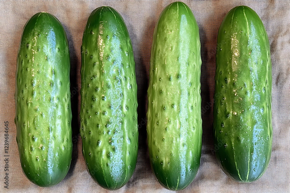 Poster Fresh Cucumber Display on Linen Cloth Showing Texture and Natural Freshness : Generative AI