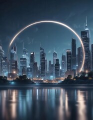 Obraz premium cityscape with abstract circular lights in soft focus on blue background, abstract, urban landscape, bokeh