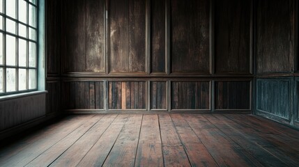 Stock photo of a vintage interior with dark wooden walls and floors, offering a raw, textured aesthetic in an empty room with antique charm.