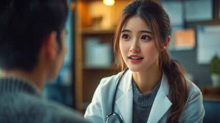 Fototapeta premium Compassionate Doctor in White Coat Engaged in Conversation with Patient in Medical Office Setting