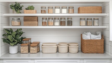 Organized pantry with glass jars, baskets, and food storage containers on shelves.