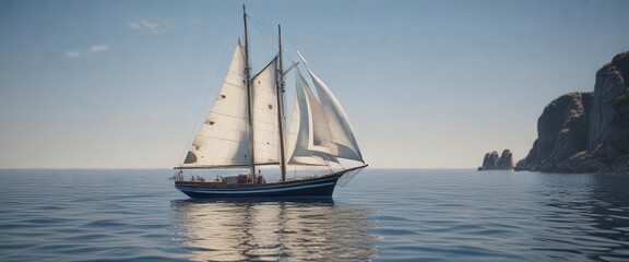 Obraz premium Classic navy blue striped sailboat on a calm sea , classic, sailing boat, stripes