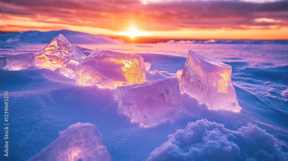Poster stunning vibrant ice chunks arranged on fresh snow, bathed in the warm glow of a winter sunset, addi