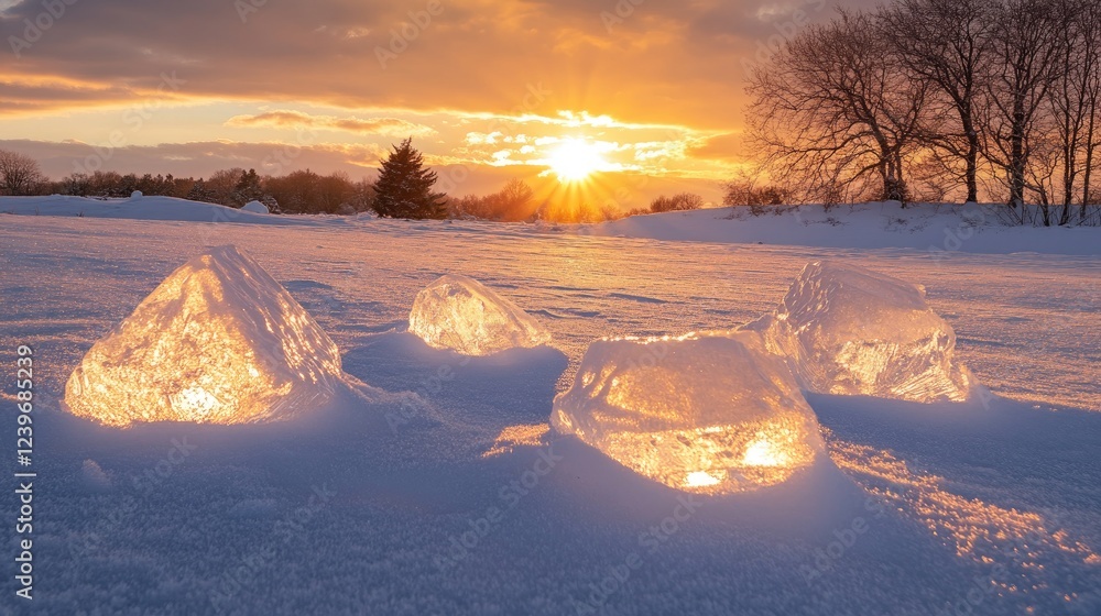 Poster stunning vibrant ice chunks arranged on fresh snow, bathed in the warm glow of a winter sunset, addi