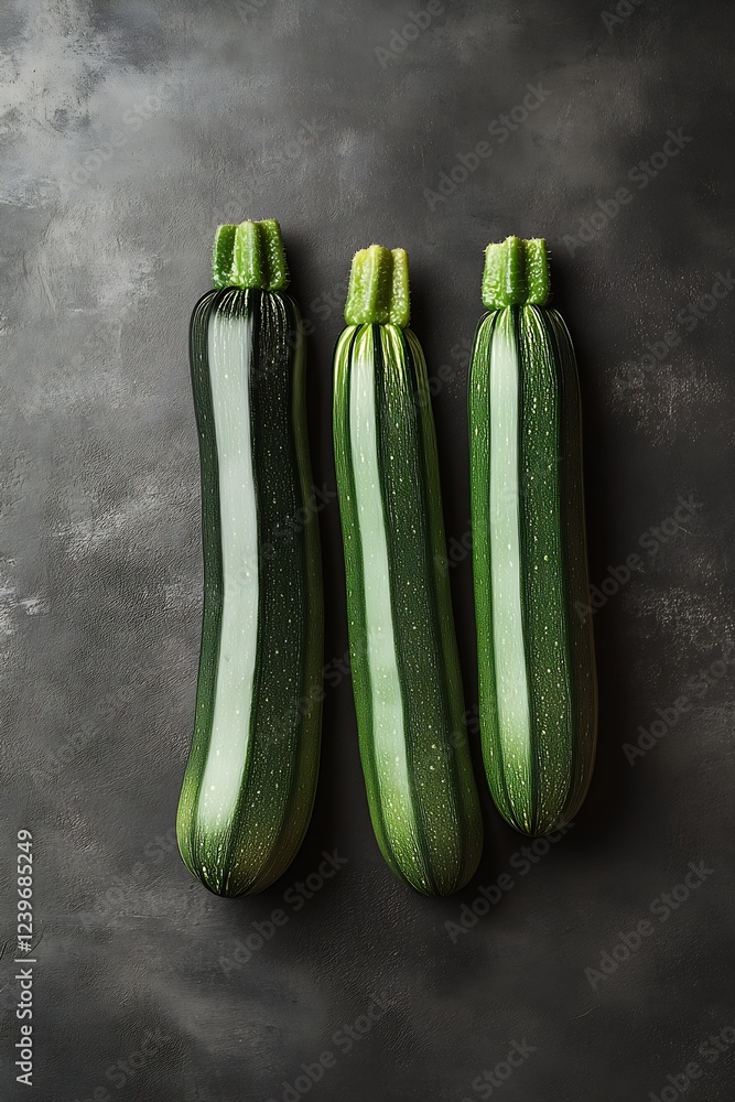 Poster fresh ripe zucchinis arranged on a textured gray surface showcasing their vibrant green color : gene