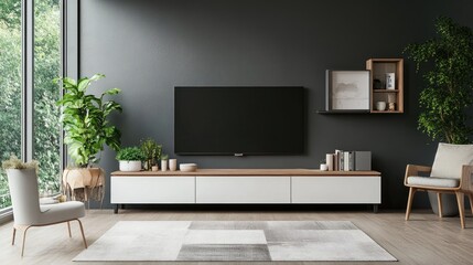 Stylish living room with a two-tone wall and a contemporary TV cabinet, ideal for a modern home interior design concept.
