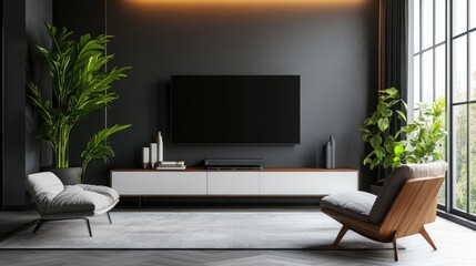 Stylish living room with a two-tone wall and a contemporary TV cabinet, ideal for a modern home interior design concept.