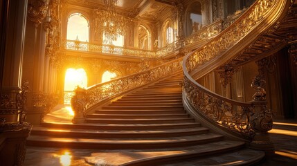 Obraz premium Sunsets over a luxurious staircase, with warm golden light reflecting off its intricate design, giving it a regal ambiance.