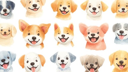 Playful watercolor dog face emojis in warm pastel colors on a transparent background perfect for digital projects