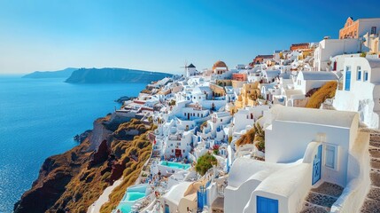 The beautiful town of Oia in Santorini unfolds in a high-angle view, where whitewashed buildings cascade down the cliffside, set against the azure backdrop of the Aegean Sea.