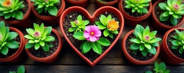 Multiple small flower pots forming a heart, top view, nature, love
