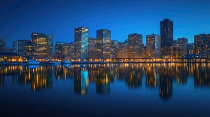 Naklejka premium The city skyline illuminates at blue hour, with reflections of its vibrant lights shimmering on the calm waters of a nearby harbor, creating a serene urban landscape.