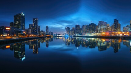 Fototapeta premium The city skyline illuminates at blue hour, with reflections of its vibrant lights shimmering on the calm waters of a nearby harbor, creating a serene urban landscape.