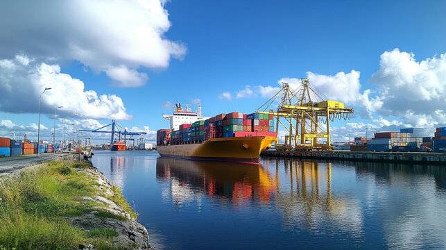 Colorful cargo ship docked at port with loading containers and cranes against a clear blue sky and reflective water