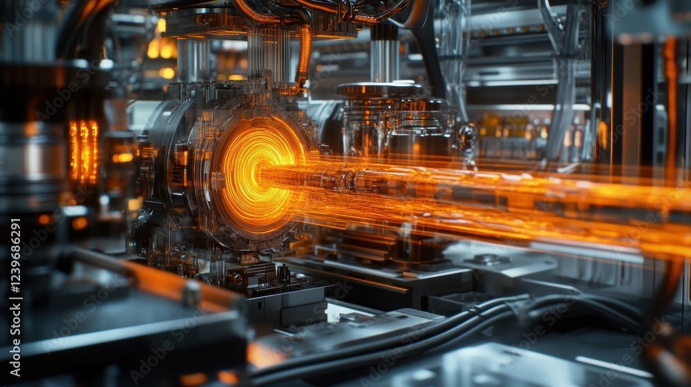 Poster complex machinery processes and transforms materials using cutting edge technology, highlighting the