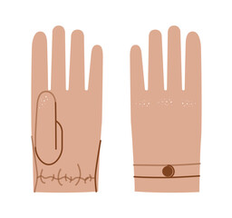 Driving Gloves Short Wrist length beige cartoon Fashion hand full-finger design snap-fit fastening pull-on style accessory clothing technical illustration garment. Vector Men women style flat template