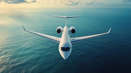 Fototapeta premium The graceful flight of a white private jet above the tranquil sea, offering an unparalleled view of the vast sky and ocean horizon.