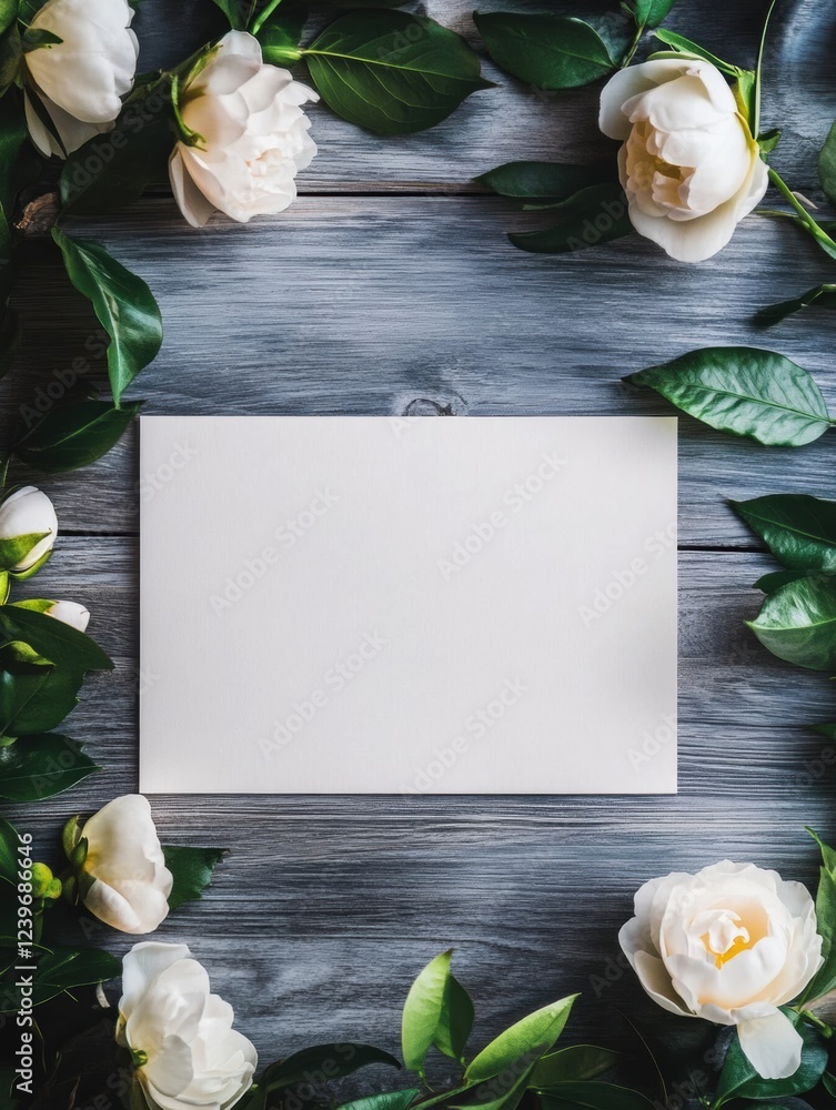 Poster elegant floral arrangement with blank card on wooden background for special occasions or greeting me