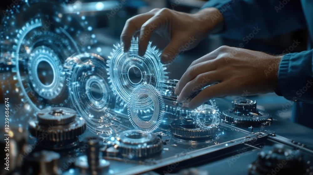 Poster engineers utilizing a futuristic interface featuring a holographic projection of intricate gears, re