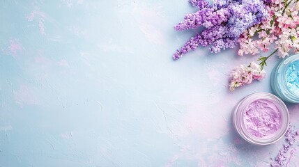 Lilac flowers, spa products, pastel background. Relaxing beauty treatment