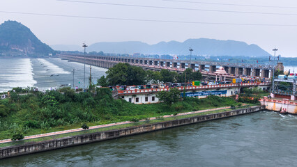 Panoramic view of historic Prakasam barrage on the Krishna river at Vijayawada, India