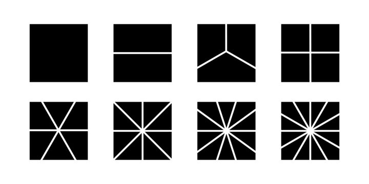 Square shapes divided into sectors from 2 to 12 isolated on white background. Rectangular figures cut in equal parts. Simple diagrams or business charts templates. Vector graphic illustration.