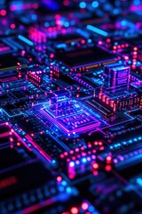 Obraz premium Close up of electronic circuit board with glowing blue and pink lights, used for tech backgrounds