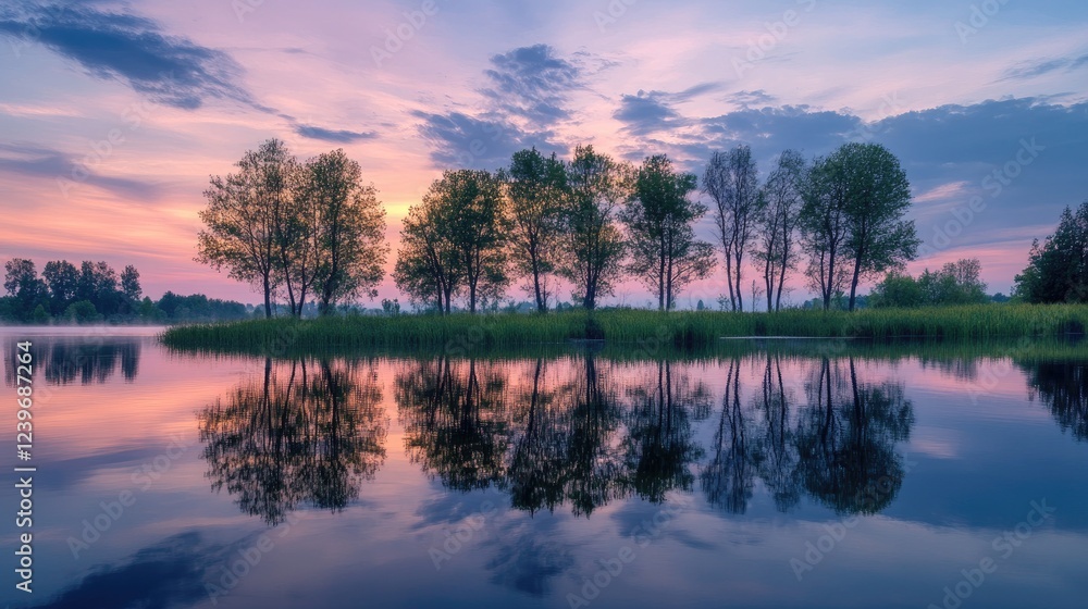 Aufkleber trees perfectly align to form a natural frame around a peaceful lake, reflecting the soft colors of 