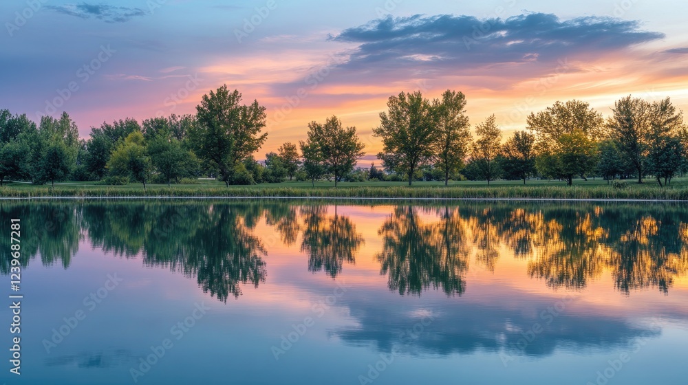 Poster trees perfectly align to form a natural frame around a peaceful lake, reflecting the soft colors of 