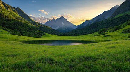 Fototapeta premium Serene Grassy Field Embracing a Tranquil Lake Surrounded by Lush Greenery Under a Clear Blue Sky Inviting Peaceful Outdoor Escapes and Reflection