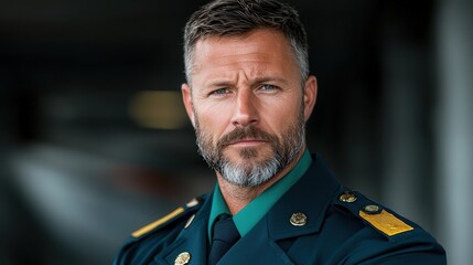 Confident Man in Uniform Standing Proudly Against Cityscape Background Embodying Strength Honor and Professionalism with a Determined Expression