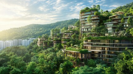 Urban development rises from the heart of a lush forest, illustrating the balance between city growth and natural preservation in a sustainable, future-focused design.