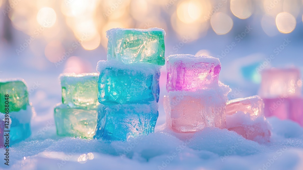 Poster vibrant ice stacks in shades of blue, green, and pink arranged on a snowy field, with a dreamy soft 