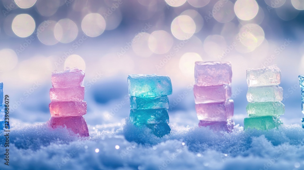 Poster vibrant ice stacks in shades of blue, green, and pink arranged on a snowy field, with a dreamy soft 